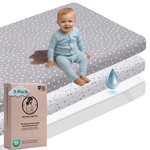 Mommybelly Set Sabanas Minicuna 50x80 / 50x83. 2 Sabanas Bajeras de Algodon Jersey + 1 Protector de Colchon Impermeable de Rizo para Cuna Colecho. Certificado OekoTex. Diseño Estrellas 80x50 / 83x50