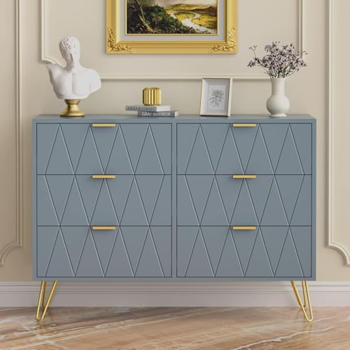 UEV Commode à 6 Tiroirs, Meuble de Rangement Chambre Adulte/Enfant, Longueur 100cm, Motif de Ligne, Buffet Salon, Style Scandinave Elégant, 100 x 34 x 73cm,...