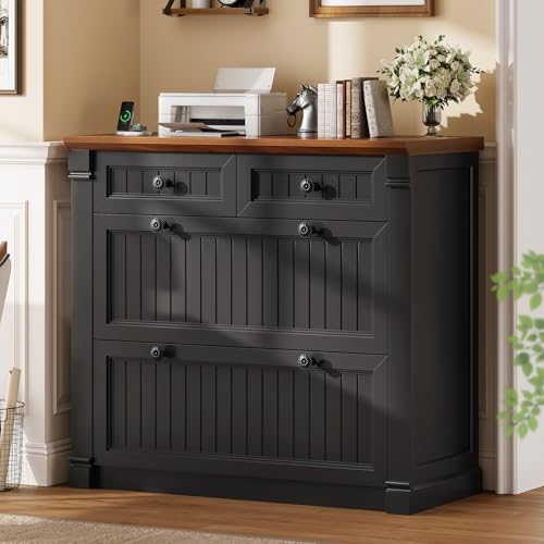 SEDETA 4 Drawers File Cabinet 33 Farmhouse Filing Cabinets for Home Office fit Legal/Letter/A4 File Wood Office File Cabinet with Power Outlets Printer Stand with Storage Black+Brown