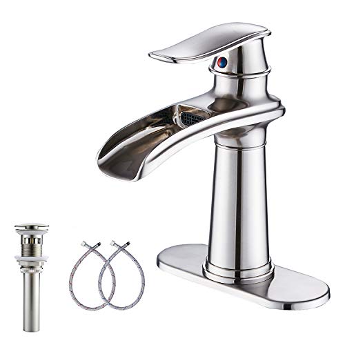 Bathroom Faucet Brushed Nickel GGStudy Waterfall Single Handle One Hole Farmhouse Bathroom Vanity Faucet Basin Mixter Tap Deck Mount with Drain Assembly Bathroom Faucet Brushed Nickel GGStudy Waterfall Single Handle One Hole Farmhouse Bathroom Vanity Faucet Basin Mixter Tap Deck Mount with Drain Assembly