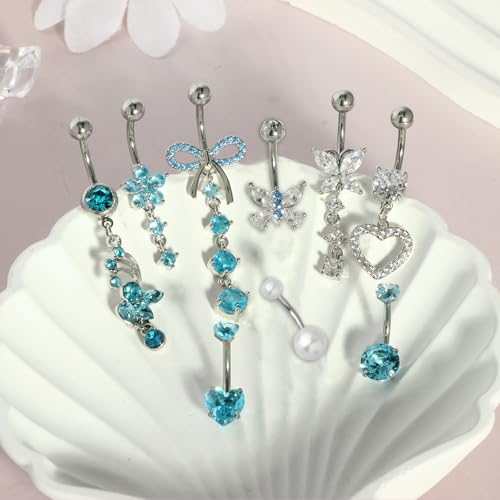 14G へそリング ダングル ベリーリング サージカルステンレススチール キュート 蝶 ハート 花 ぶら下がる へそピアス ジュエリー 女性用 シルバー 華奢 ぶら下がる へそリング