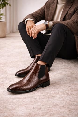 Image of Men's Leather Chelsea Boots | Ankle Boots with Textured Finish Formal & Smart Casual Boots | Comfortable Fit, Trendy, Stylish Boots | Leather Boots for Office /Fashionable