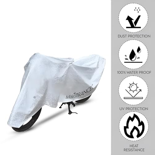 Image of Mototrance All Weather Protection Two Wheeler Cover for All Activa, Scooter, Scooty & Bikes Upto 150CC | Anti Dust, 100% Waterproof, Heat Resistant, Mirror Pocket Bike Body Cover | Arid Silver