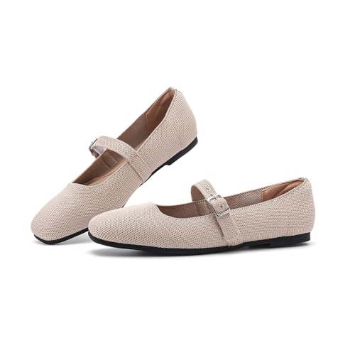 Women Knit Square Toe Ballet Flats Mary Jane Shoes with Adjustable Straps Slip On Comfortable Washable Office Dressy Casual Flat 168-beige-402