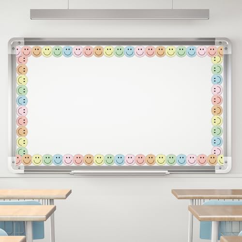 Image of Whaline 32.8 Ft Boho Happy Face Bulletin Board Border Pastel Smile Face Die-Cut Border Trim with Silver Edge for Back to School Chalkboard Wall Decoration