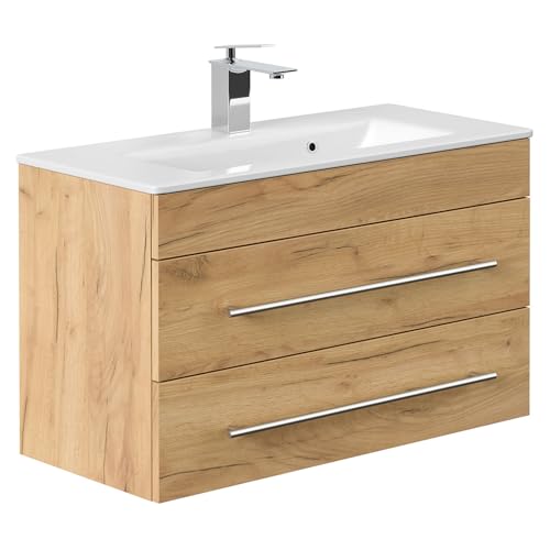 Lomadox Waschtisch 80 cm Eiche mit Keramik Waschbecken, schmale Ausführung, Badezimmer Gästebad Bad Einzelwaschtisch Waschbeckenschrank platzsparend Schubladen Holzdekor