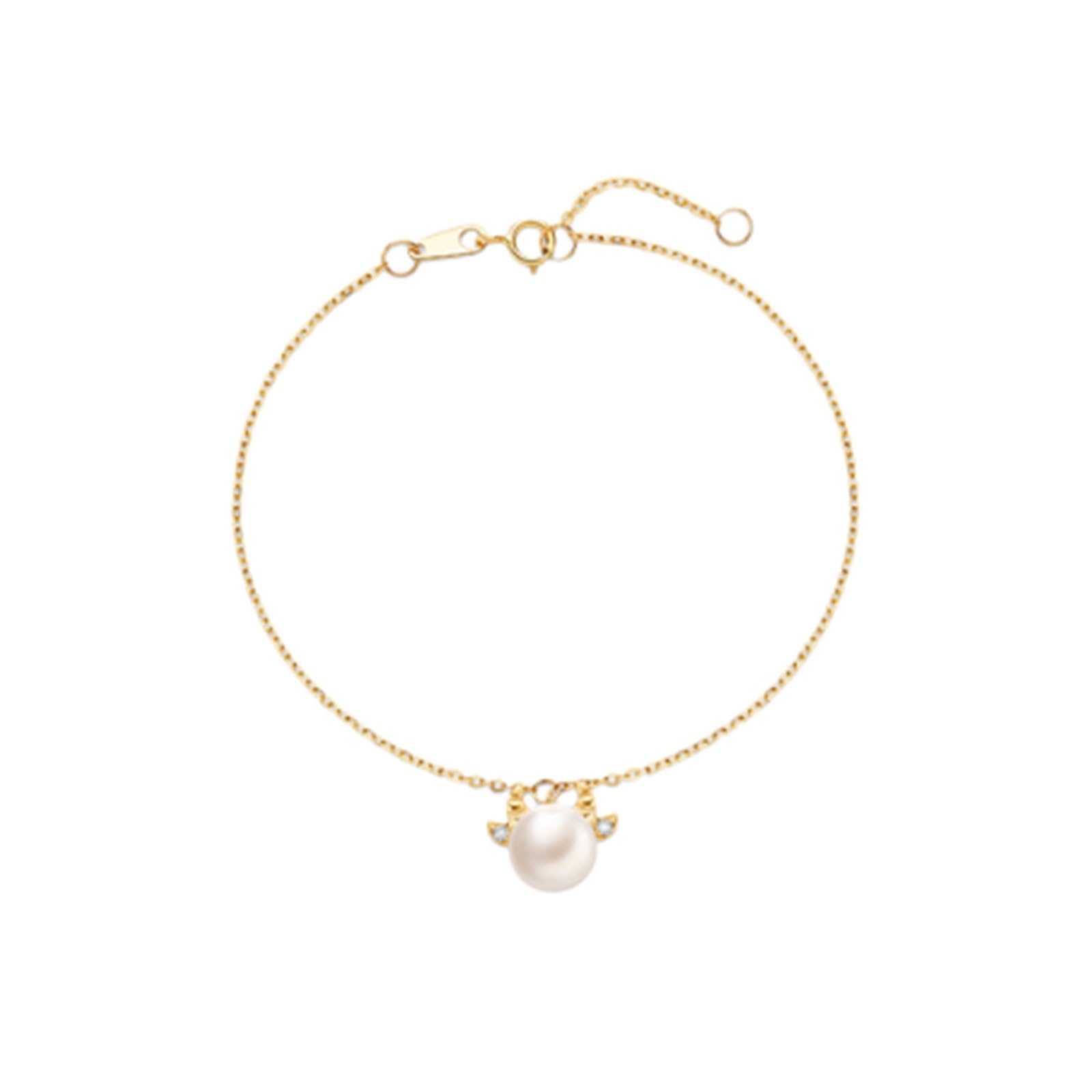 Pulsera tejida de la amistad de oro amarillo con colgante de perlas y diamantes de 7-7,5 mm, pulseras de eslabones para mujer