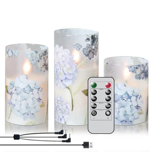 Image of Rechargeable Hydrangea Glass Flameless Candles with Remote Timer Battery Operated LED Flickering Pillar Candles Real Wax Spring Dinner Christmas Holiday Decor D3 x H4, 5 inch, 6 inch