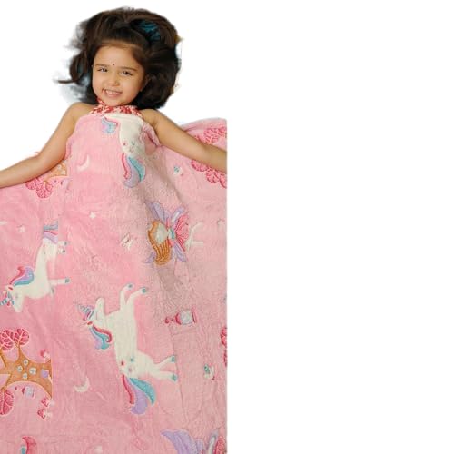 Image of Famyo Queen Size Glow in The Dark Blanket for Kids - Unicorn & Fairy | 200x152 cm, 0-15 Years | Soft Flannel Fleece Throw | Cozy & Warm All-Season Glow Blanket | Ideal Gift for Boys & Girls (Pink)