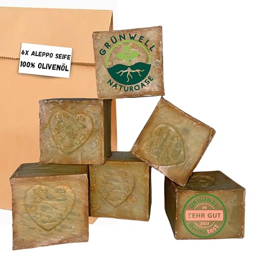 Grünwell Naturoase 6X Aleppo Seife Original ca. 1200 gr 100% Olivenöl,Olivenölseife Natürliche Pflege für Gesicht und Körper|Haarseife olivenöl seife|aleppo soap,Naturseife|DERMATEST:Exzellent