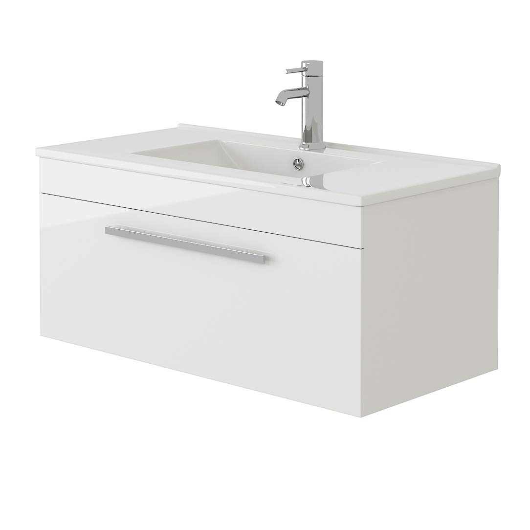 Veebath High Gloss White Venus 800 Wall Hung Vanity Unit, Slim Wash Basin Bathroom Sink, Soft Close Door, Cloakroom Wall Mounted Storage Cabinet- White (Flat Pack)