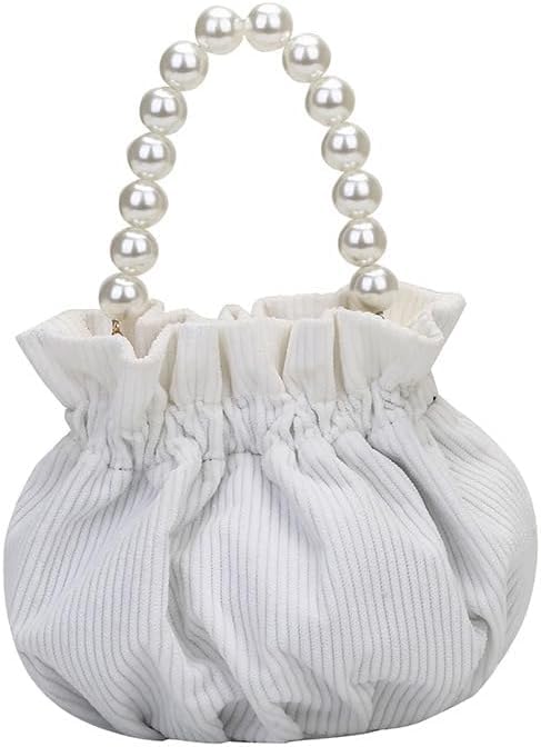 Sac perles de satin blanc 19x16cm chic avec anse et bandoulière chaîne