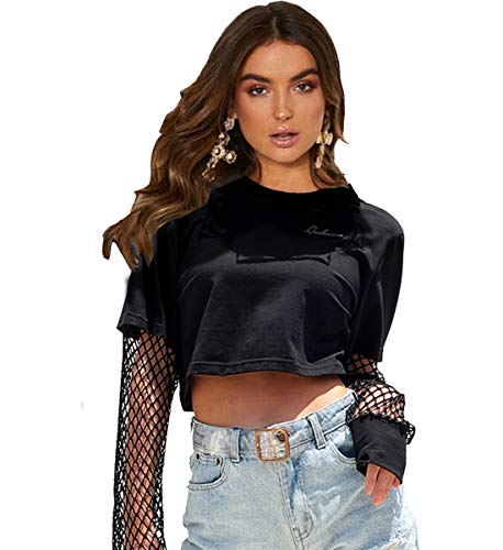 Kyerivs Casual Workout Crewneck Tunic Sweatshirts Long Sleeve Crop Tops for Women-Fishnet Black-Samll