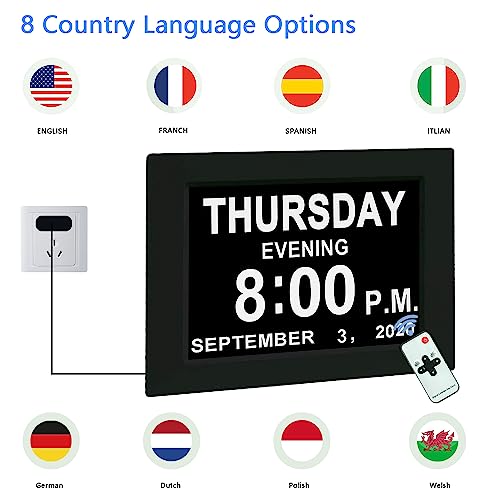 Jall Digital Calendar Dementia Day Clock, 7 Inch Large Screen Display, With 5 Alarm Options, Am & Pm Display, For Impaired Vision People, Age Seniors, For Desk, Wall Mounted, With Remote Control #TOP2