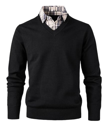 Btmpmcs Pull en Tricot avec col en V pour Homme Classiques Manches Longues Pull en Sweat avec Faux col de Chemise Automne Hiver Pull-Over Sweaters