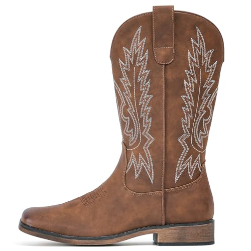 IUV Cowboy Boots For Women Square Toe Western Boots Mid Calf Cowgirl Boots Pull On Embroidered Brown Cowboy Boots2