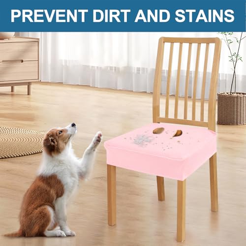 Image of Smiry Waterproof Seat Covers for Dining Room Chairs, No Rear Covers | Stretch Jacquard Removable Washable Chair Seat Slipcovers Protector, Set of 6, Blush Pink