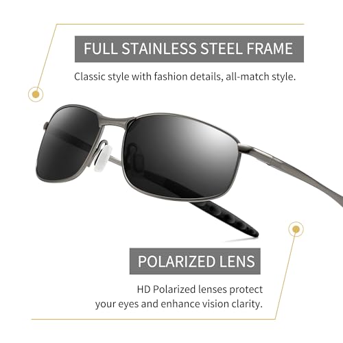 Image of SUNGAIT Mens Narrow Polarized Sunglasses Metal Frame Small Rectangle Retro Durable UV400 Protection