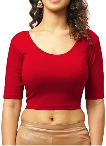 Image of THE BLAZZE 1303 Women's Cotton Scoop Neck Backless Elbow Sleeve Crop Top Readymade Saree Blouse for Women