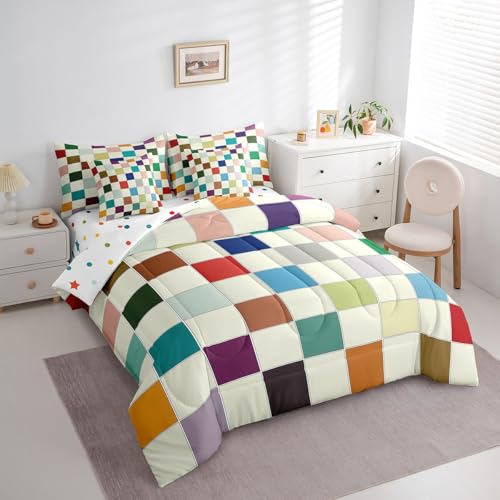 Image of Erosebridal Kids Rainbow Checkered Full Comforter Set with Sheets 7 Piece Colorful Plaid Grids Bedding Set Funky Checkerboard Bed in A Bag for Boys Girls Teen Geometric Gingham Bed Set
