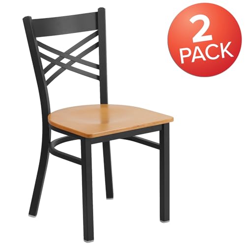 Image of Flash Furniture 2 Pack HERCULES Series Black ''X'' Back Metal Restaurant Chair - Natural Wood Seat
