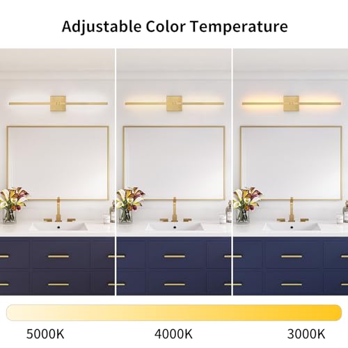 Image of Tanoxo Bathroom Vanity Light Fixtures,30 inch Rotatable LED Vanity Lights with 24W,Adjustable 3000K,4000K,5000K Light,Brushed Bathroom Wall Sconce Over Mirror,Gold