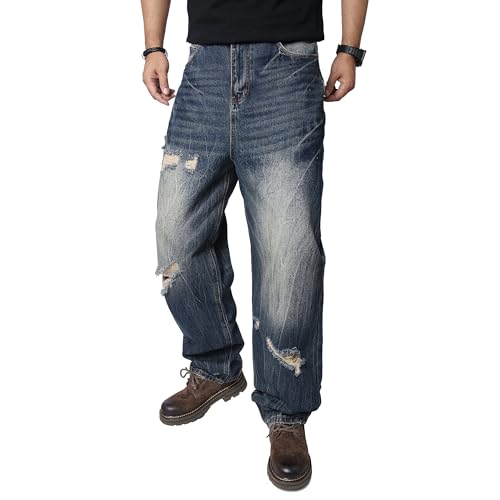 Men's Wide Leg Baggy Jeans Ripped Loose Denim Pants