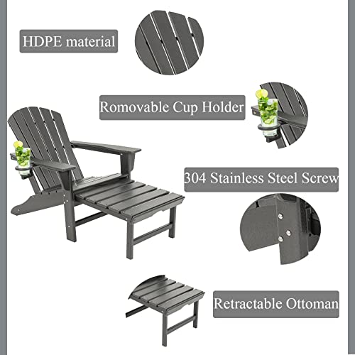 Huezoe Adirondack Chair With Retractable Ottoman, Retractable Footrest For Poolside Lawn Chair, Fire Pit Deck Outdoor Porch Campfire Adirondack Chair With Cup Holder Grey #TOP3