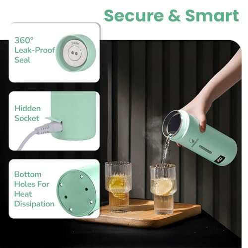 Image of Goodscity Portable Electric Kettle Travel Water Bottle For Boiling Hot Water Milk With Cool Touch Exterior, Auto Shut Off, 300W fast Heating, Leakproof, 1 Touch Screen, 500 Ml, Green, 1 year Warranty