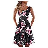 Ärmellos Fauean Sommerkleid Damen Casual Ärmellos Rundhals Strandkleider Midi Knielang Boho A-Linie Kleid Damen Sommer Freizeit Blumenmuster Strand midi Kleid Lose Partykleid Festkleid