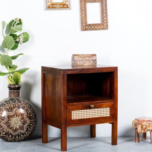 Image of Wooden Bedside Table for Bedroom with Drawers | Solid Wood Safor Rattan Bed Side Table with Drawers | Side Table for Living Room | Traditional Rajasthani Art Chest of Drawer for Home (Teak)