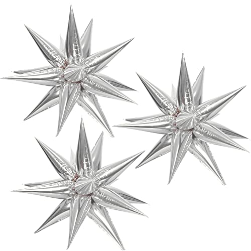 Image of 3pcs 26inch 3D Explosion Star foil balloon, Silver Foil Cone Star burst Balloons for Birthday Wedding New Year Party Event