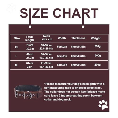 Hundehalsband aus Leder, Extra Dick und 5cm Breit Gepolstert, Weiches Echtes Leder, Schwere Leistung für Mittelgroße und Extra Große Hunderassen (Braun,XL)
