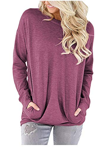 onlypuff Round Neck WineRed Long Sleeve T Shirt Women Solid Tunic Top Comfy XL