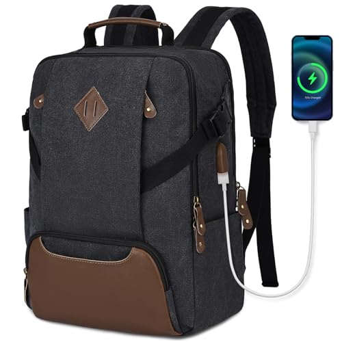 Kasqo Laptop Backpack 15.6 Inch Canvas Waterproof Anti Theft Business Travel College Computer Bag 18.8L Carry on Bag with USB Charging Port for Women Men, Black