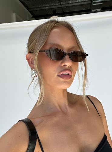 Image of GUVIVI Retro Oval Sunglasses for Women Chic Cat Eye 90s Sunnies Lightweight Narrow Shades Trendy UV protection Sun Glasses