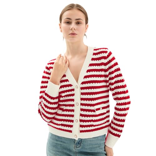 Women's Crop Sweaters Long Sleeve V Neck Striped Sweater Ribbed Knit Short Cardigan Button Up Tops