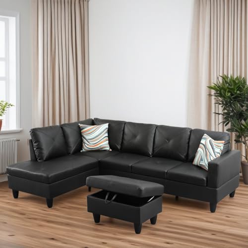 L Shaped Couches for Living Room, Leather Sectional Couch Living Room Furniture with Storage Ottoman, Modular Sectional Sofa with Movable Chaise for Apartment Office, Black - Image 5