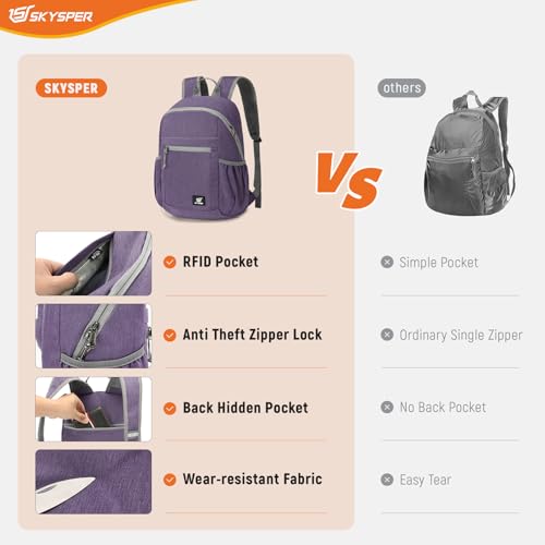 Image of SKYSPER Anti Theft Hiking Backpack, 20L RFID Packable Travel Daypack, Lightweight Foldable Back Pack for Walking Daytrip
