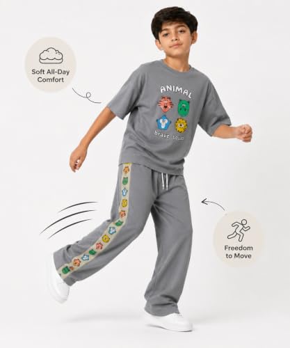 Image of SHODOX Boys Poly Blend Relaxed Fit Co-Ord Set | Printed T-Shirt & Track Pants | Soft Breathable Stylish Summer Casual Comfort Wear for Boys