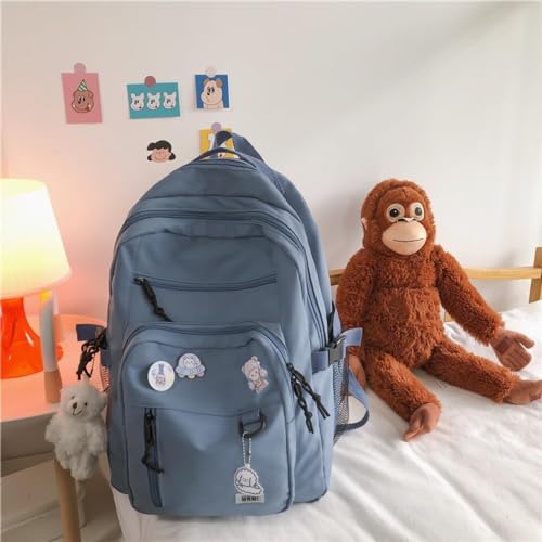 Kawaii Japanese Aesthetic Cute School Kids Backpack, Preppy Korean Large Capacity Fashion with Kawaii Bear Pendant Pins Schoolbag (Blue)2