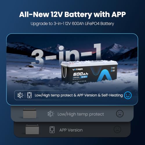 Image of 12V 600AH Self-Heating APP LiFePO4 Lithium Battery, Built-in 300A BMS, Low /High Temperature Cutoff Protection, Max 3840W Load Power, Perfect for RV /Camper and Off-Grid Applications, etc.