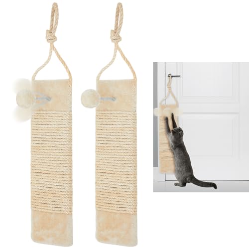 Dansydaisy 2 Pcs Cat Scratcher Door Hanging 19.3 x 5.5inch Cat Scratching Post Wall Mounted Natural Sisal Scratching Pad Surface with Ball Toy for Indoor Cats Kitty