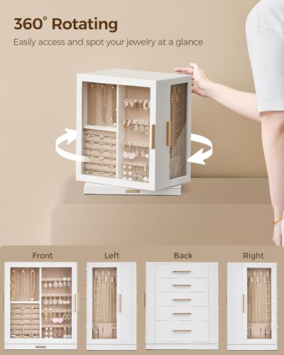 360° Rotating Jewelry Box with 5 Drawers, Spacious Vertical Jewelry Organizer with Glass Window, Jewelry Storage Case, Dustproof & Moisture-resistant Design, White3