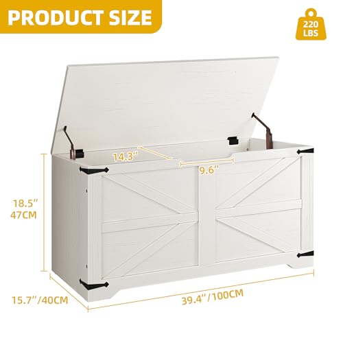 DWVO Storage Bench, 39.4" Farmhouse Storage Chest with 2 Safety Hinges, Wooden Storage Organizer, Shoe Bench for Entryway, Bedroom, Living Room, White