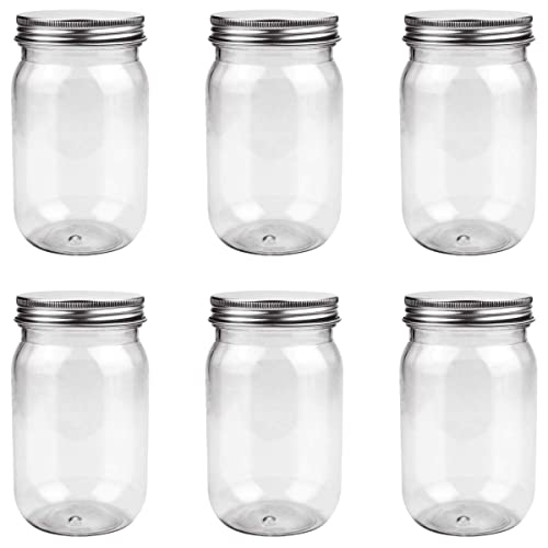 6 Pack 16 Ounce Clear Plastic Mason Jars Containers With Screw Sealing Metal Tinplate Lids,Refillable Empty PET Plastic Slime Candy Storage Jars Containers for Home Kitchen Art Craft