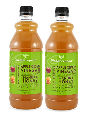 Wedderspoon Vinagre de sidra de manzana crudo sin filtrar con miel de Manuka monofloral Factor 16 y The Mother 750 ml, paquete de 2