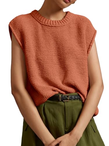 Womens Sleeveless Sweater Vest Crewneck Cap Sleeve Ribbed Knit Trendy Pullover Tank Tops Pink