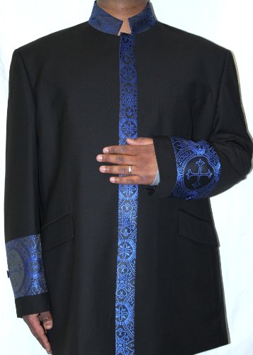MENZ Two Piece Black Clergy Suit with Electric Blue Embroidery