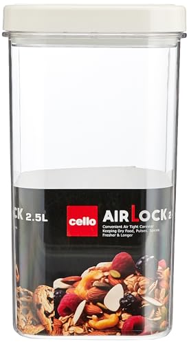 Image of CELLO Airlock Square Pet Storage Jar for Kitchen 2500 ml White | Freezer & Fridge Safe Airtight Stackable Pet Kitchen Storage Box Jar Container Set for Beans Whole Grains Spices Candy & Dry Fruits